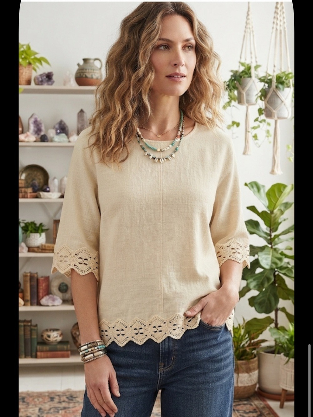 Coldwater Creek Women’s Pullover Top PS Tan Linen Blend Lace Trim 3/4 Sleeve